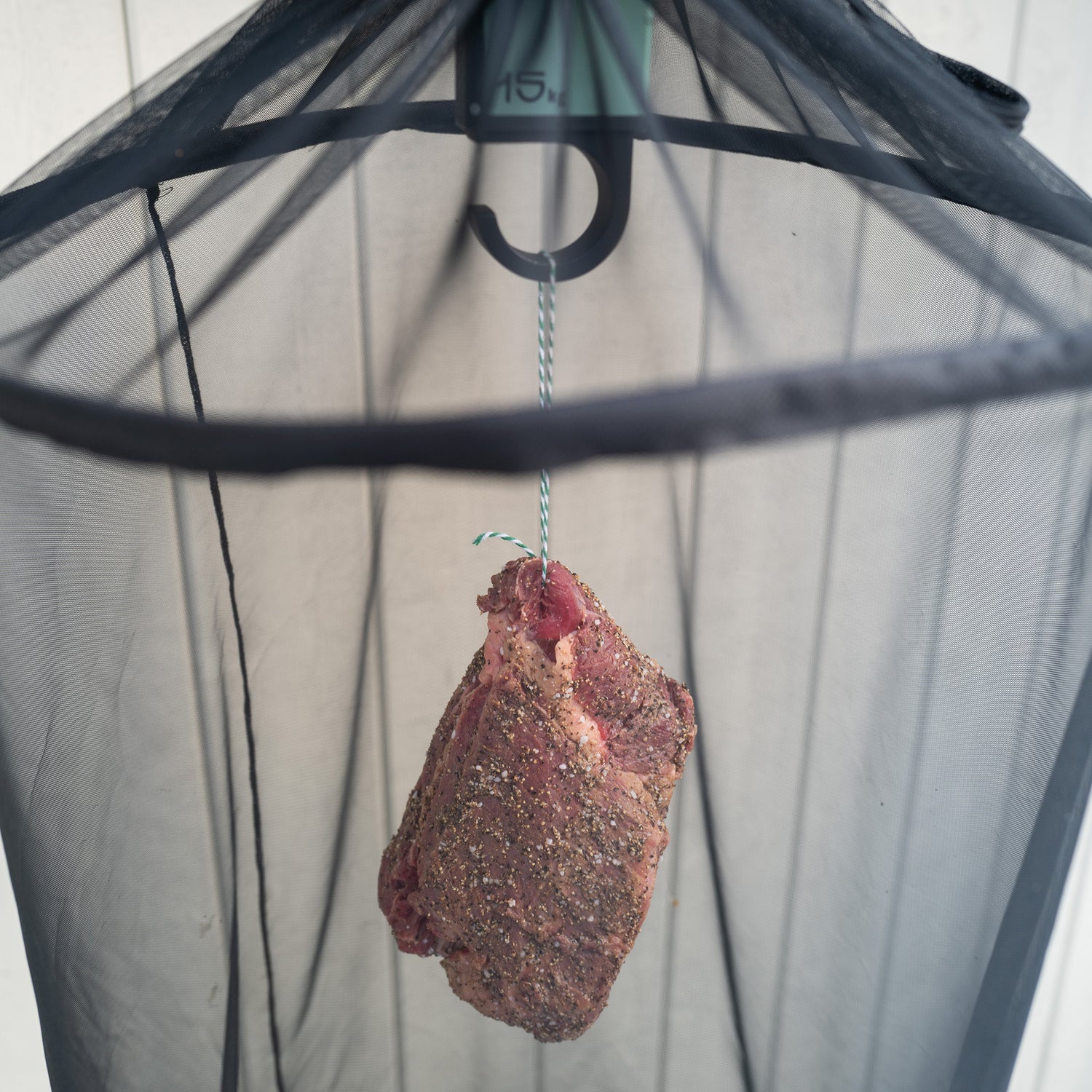 Marinated piece of meat hanging from a hook with a safety net to protect against flies