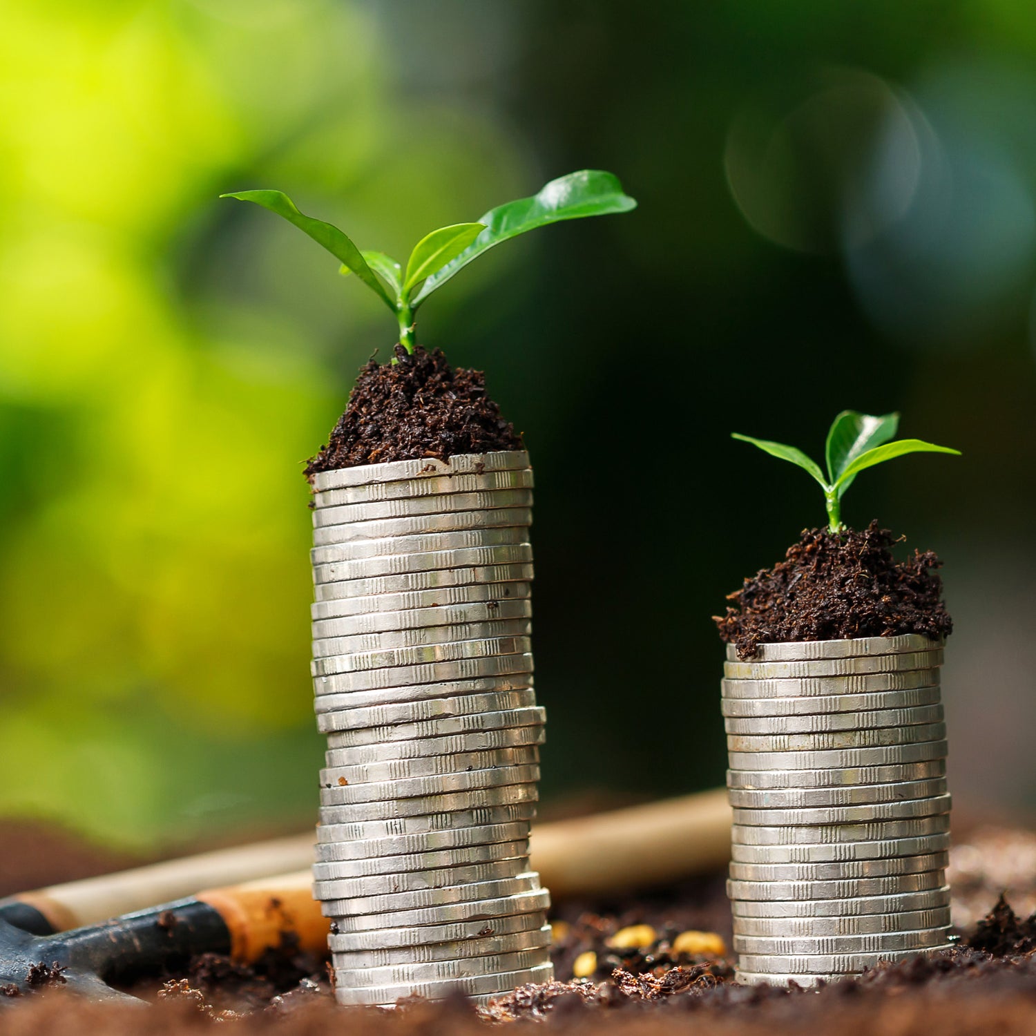 Two stacks of coins with small plants growing out of them, visualizing saving money, against a blurred green background